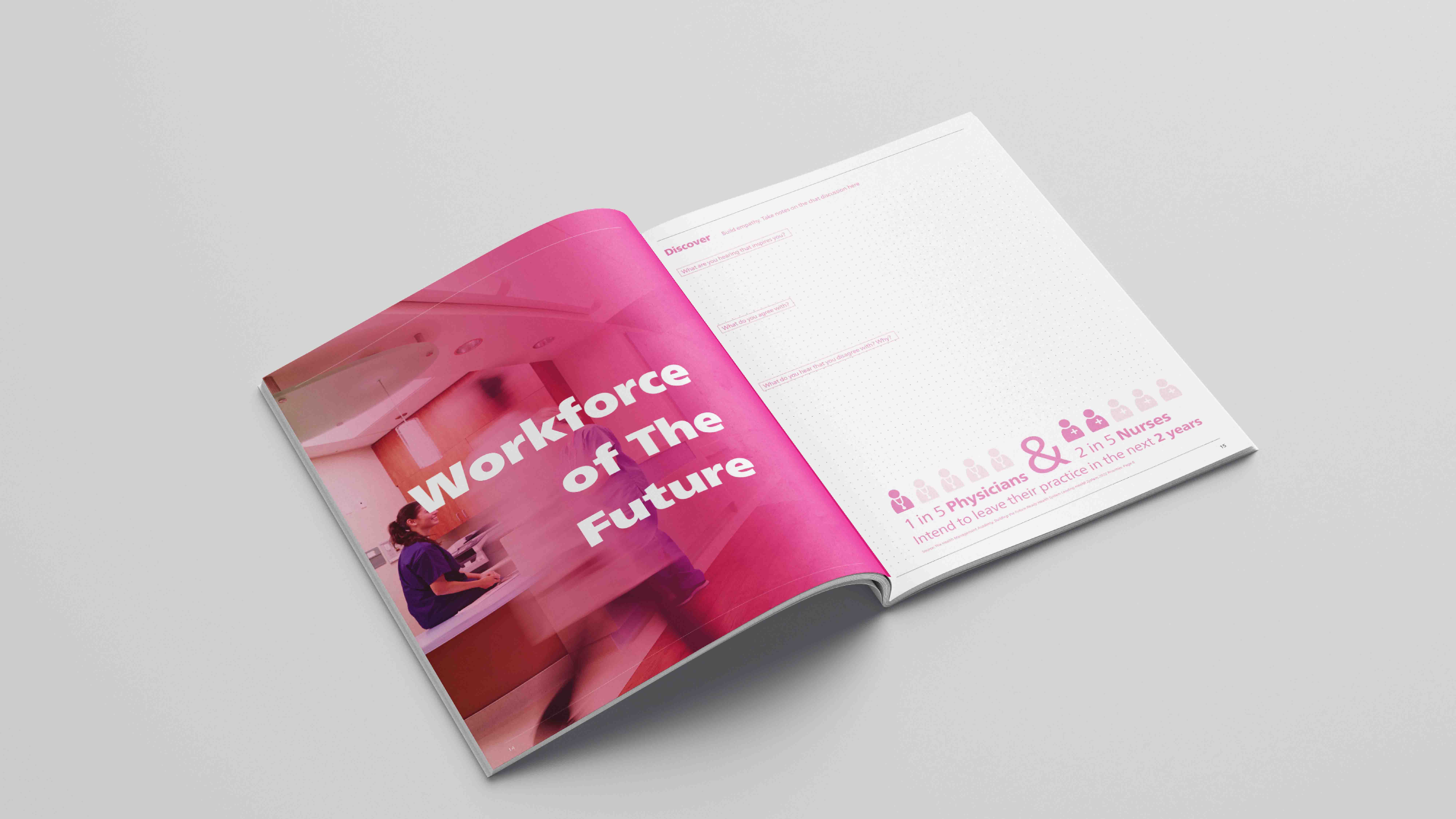 An image of a booklet open to a spread with a bright Pink image on the left side and a grid on the right side. Booklet was made in Adobe illustrator and Adobe Indesign